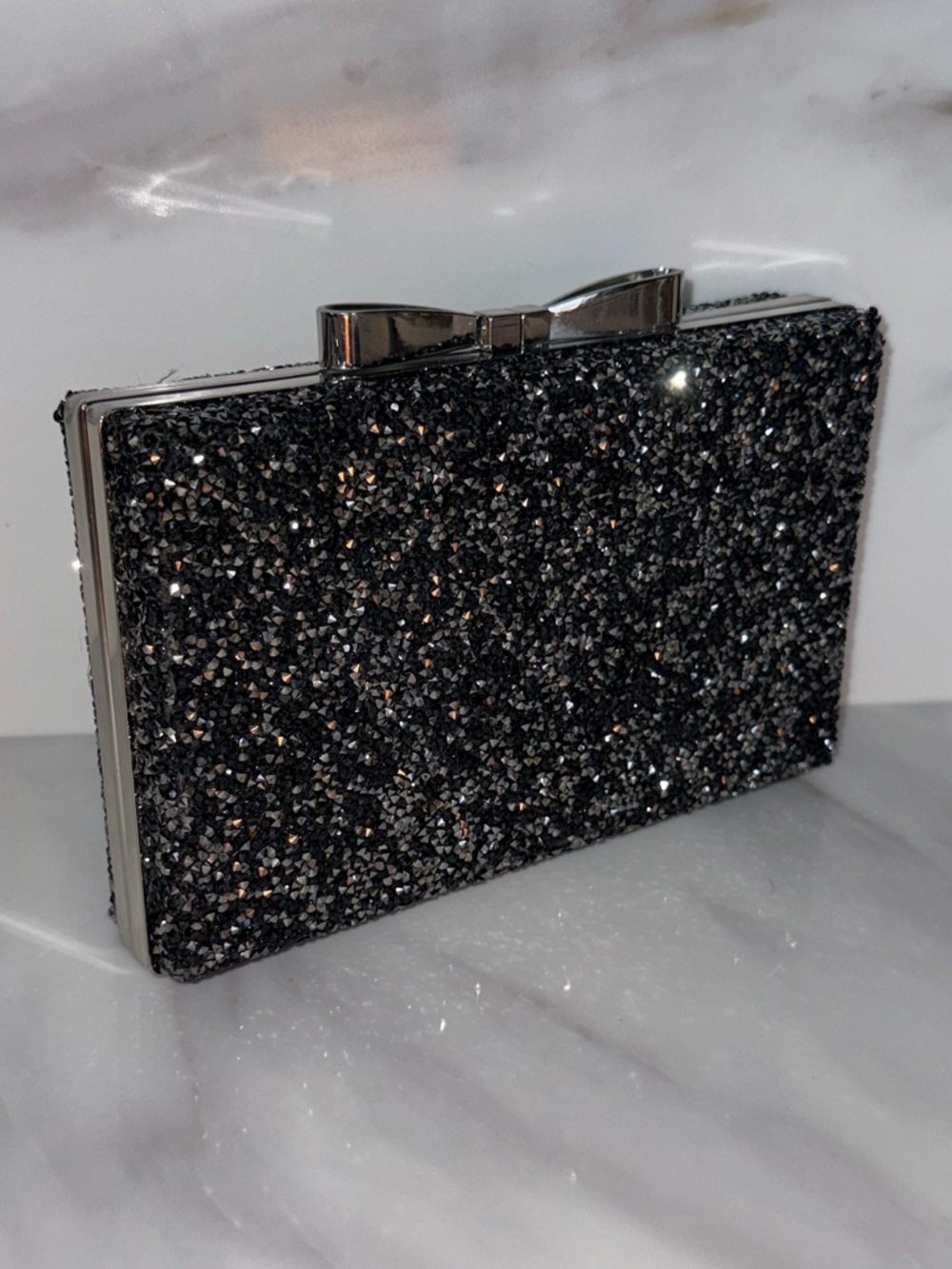 Black Glitter Silver Bow Box Clutch Handbag Purse - 8 in x 5 in x 1.75 in